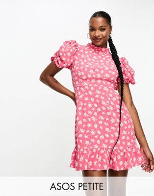 ASOS DESIGN Petite pie crust neck puff sleeve mini tea dress in pink ditsy print