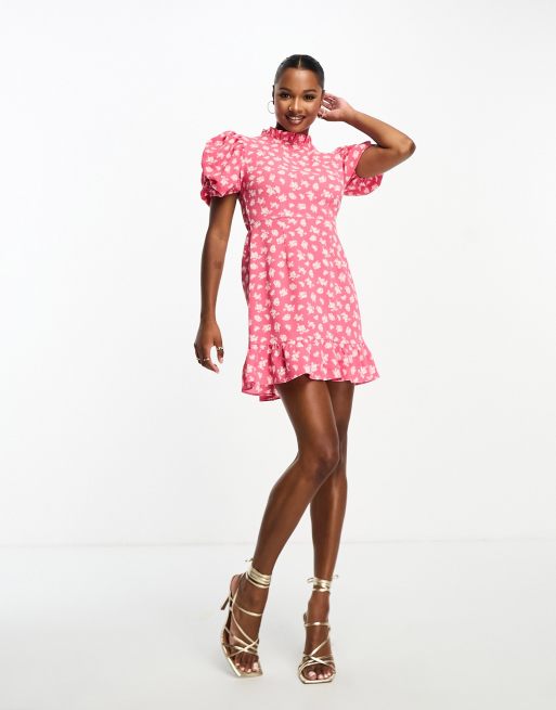 ASOS DESIGN Petite pie crust neck puff sleeve mini tea dress in pink ditsy print