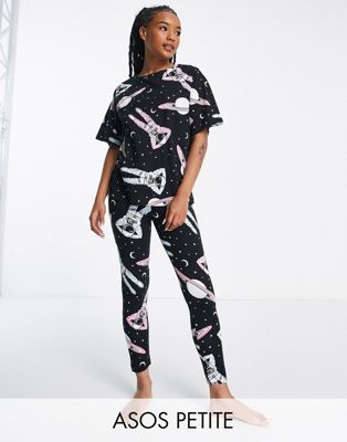ASOS DESIGN Petite spaceman tee & leggings pyjama set in black - ASOS Price Checker