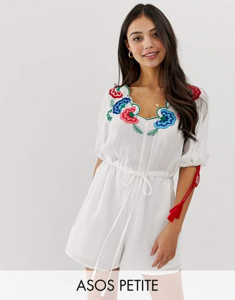 ASOS DESIGN Petite playsuit with embroidery and tie sleeve detail