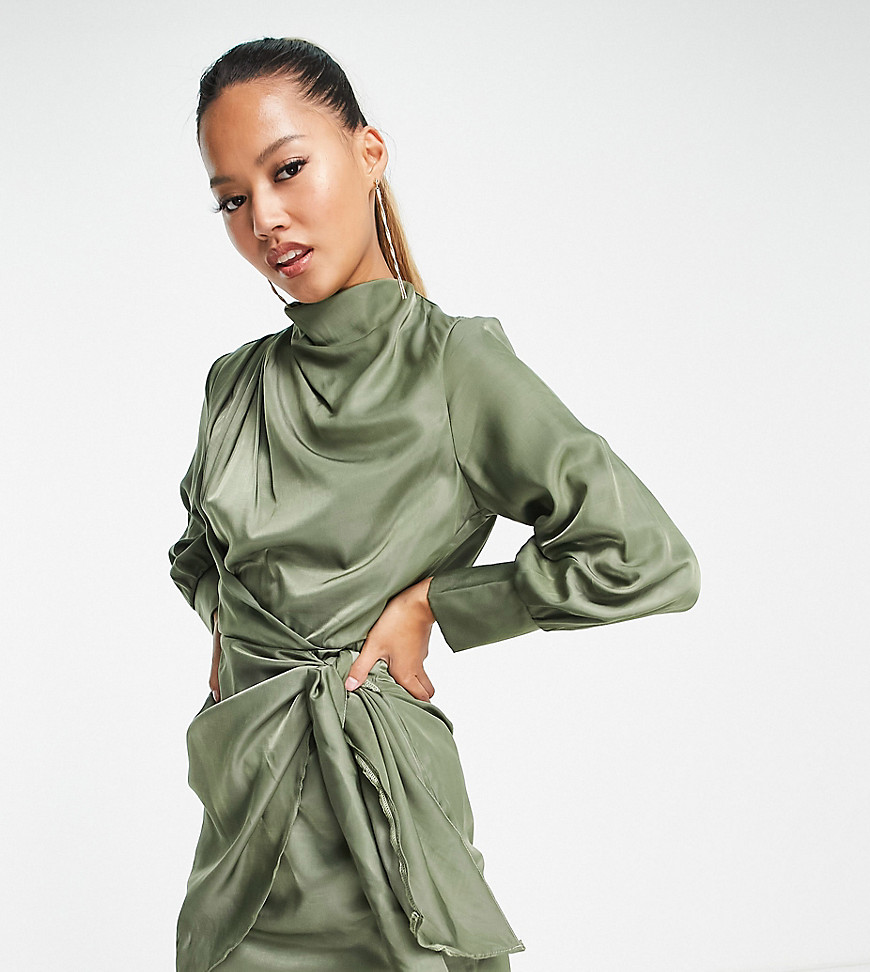 ASOS DESIGN Petite pleat cowl neck mini dress with tie skirt in khaki-Green