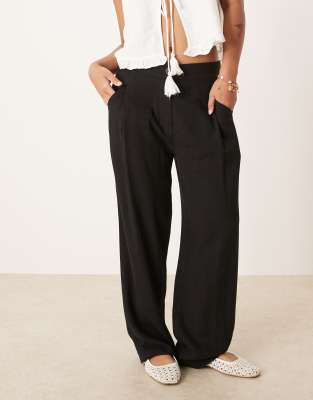 Asos Design Petite Pleat Front Tapered Pants With Linen In Black