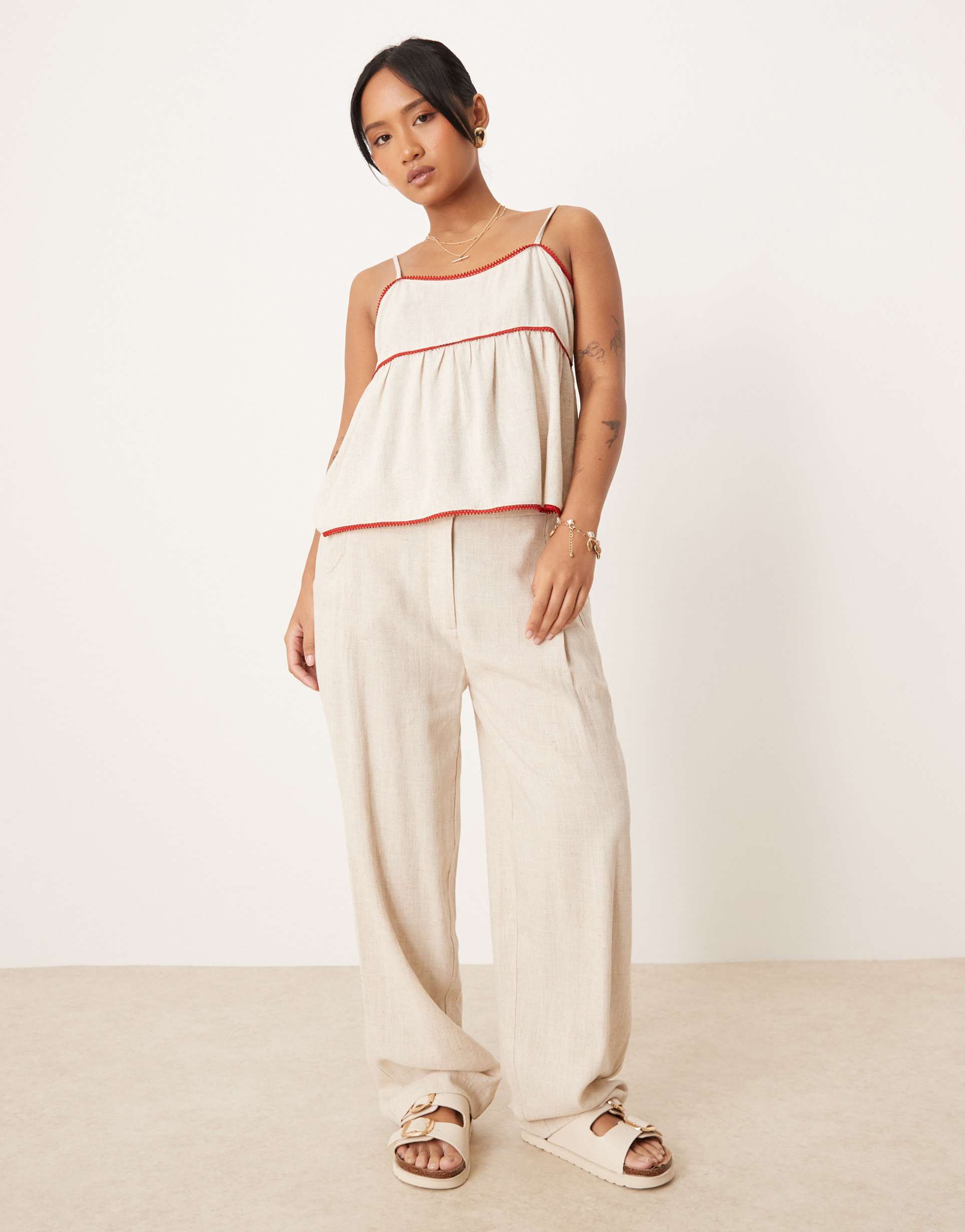 asos design petite pleat front tapered pants with linen in stone