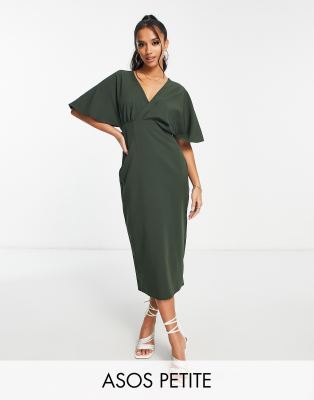 ASOS DESIGN Petite pleated blouson midi dress in khaki