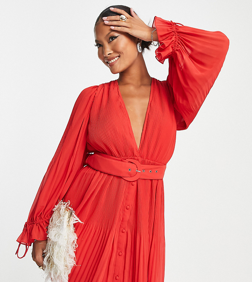 ASOS DESIGN Petite pleated blouson sleeve mini dress with belt detail in red-Pink