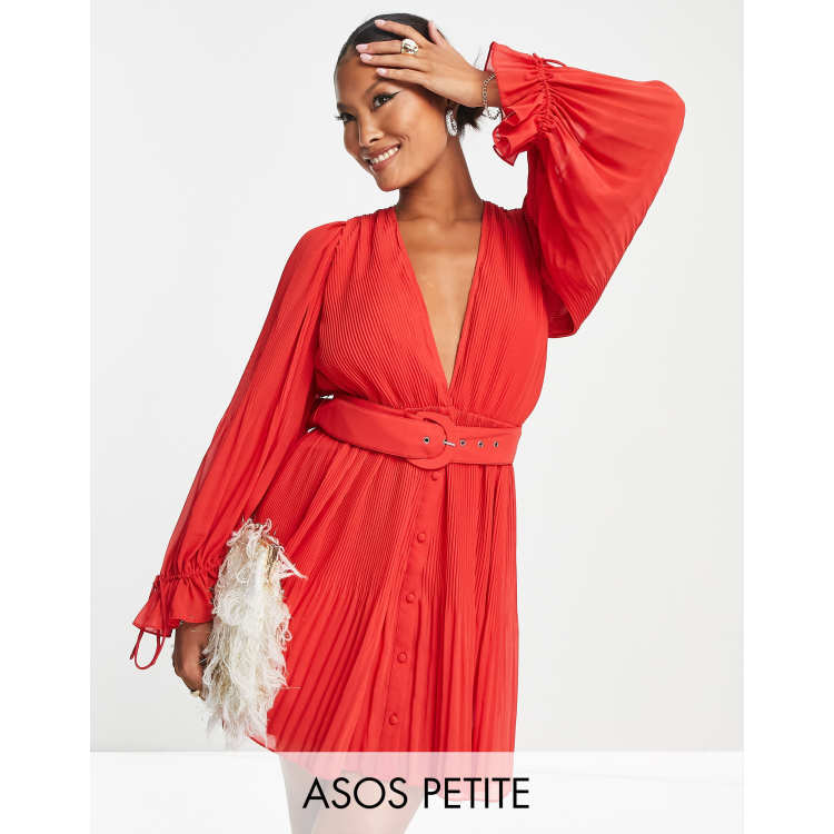 ASOS DESIGN Petite pleated blouson sleeve mini dress with belt