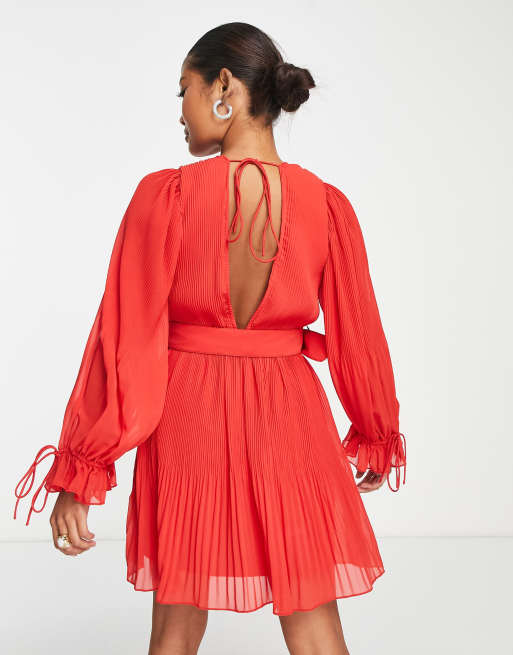 ASOS DESIGN Petite pleated blouson sleeve mini dress with belt