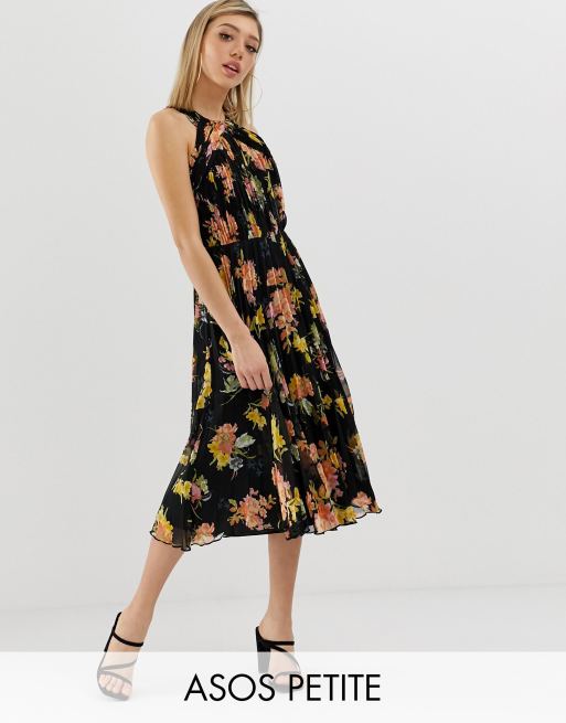 ASOS DESIGN Petite pleated bodice halter midi dress in floral