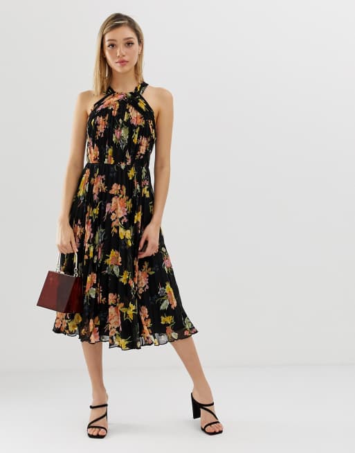 ASOS DESIGN Petite pleated bodice halter midi dress in floral