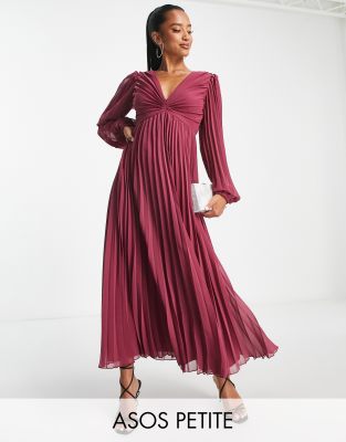 ASOS DESIGN Petite pleated bodice plunge neck midi dress in berry - ASOS Price Checker