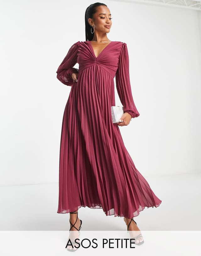 ASOS DESIGN Petite pleated bodice plunge neck midi dress in berry