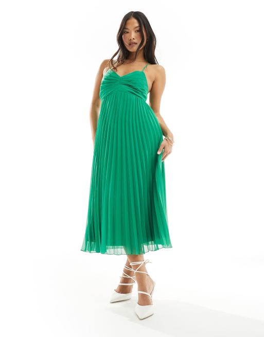 ASOS DESIGN Petite pleated bodice strappy pleat midi dress in green