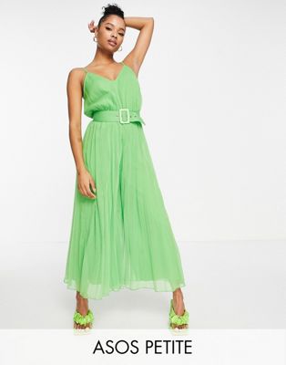 ASOS DESIGN Petite pleated cami jumpsuit with waist belt in green - ASOS Price Checker