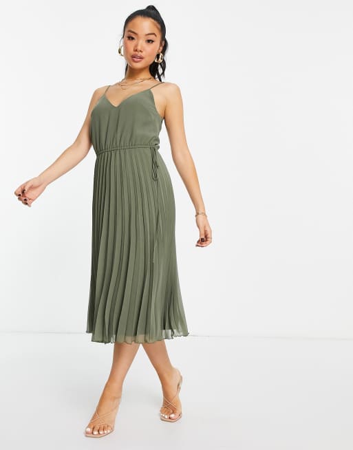 ASOS DESIGN Petite pleated cami midi dress with drawstring waist in khaki, 3 of 4