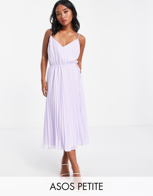 ASOS DESIGN Petite pleated cami midi dress with drawstring waist in lilac