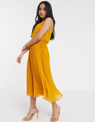 asos design pleated cami midi dress with drawstring waist