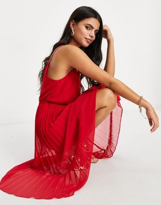 red midi pleated dress