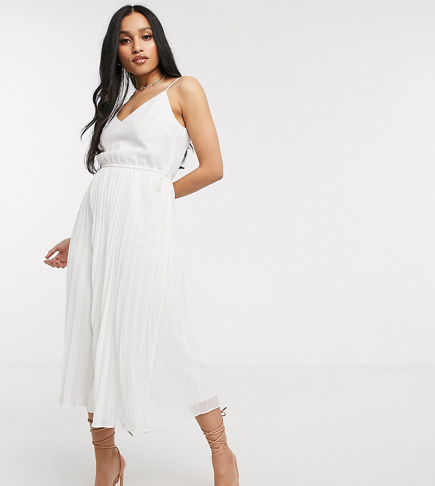 ASOS DESIGN Petite pleated cami midi dress with drawstring waist in white