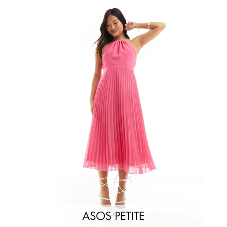 ASOS DESIGN Petite pleated chiffon midi dress with halter neck in hot pink ASOS