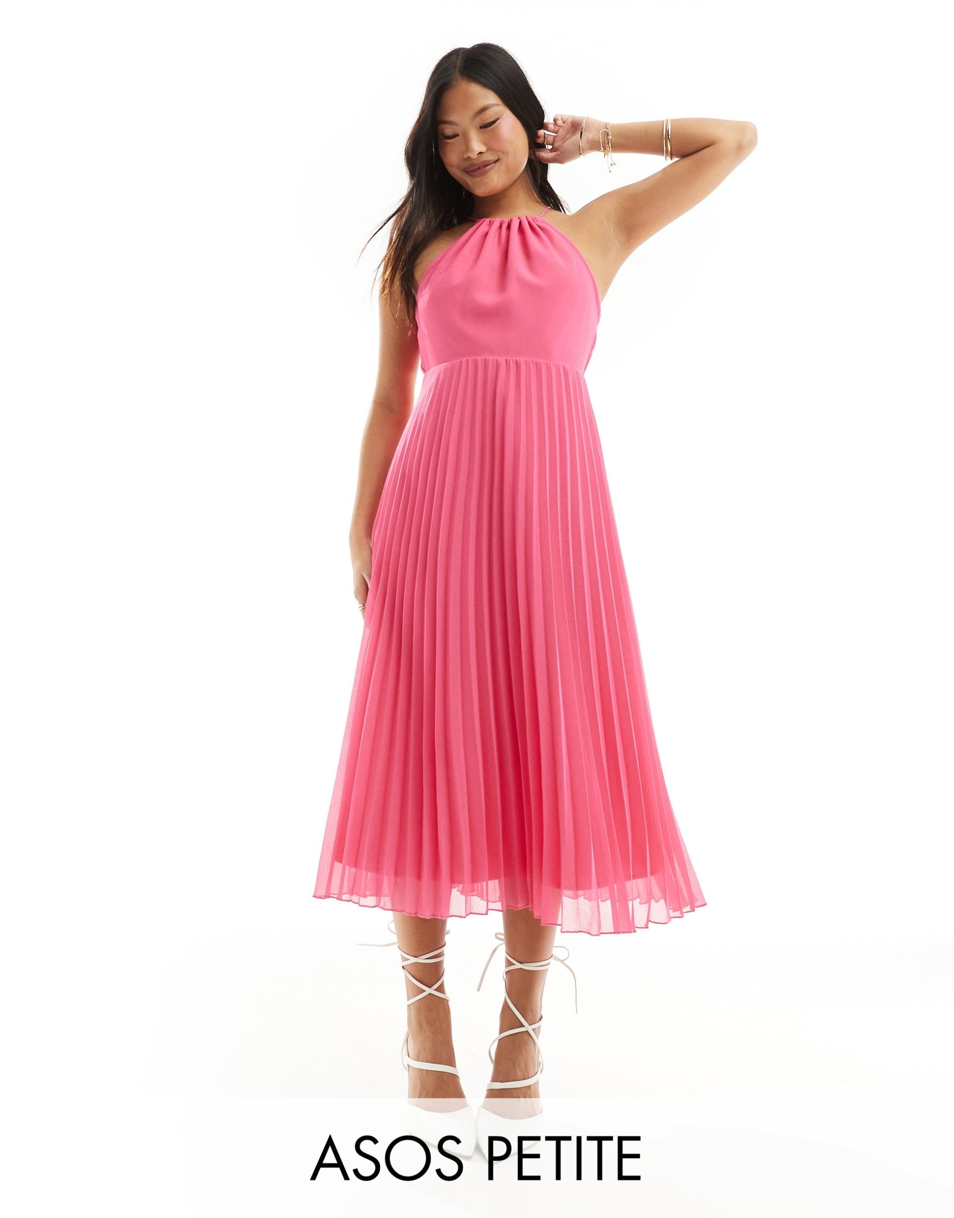 asos design petite pleated chiffon midi dress with halter neck in hot pink