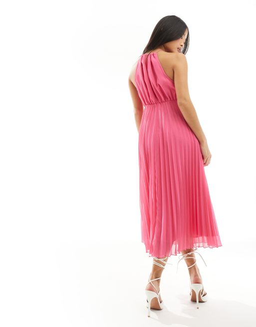 ASOS DESIGN Petite pleated chiffon midi dress with halter neck in hot pink