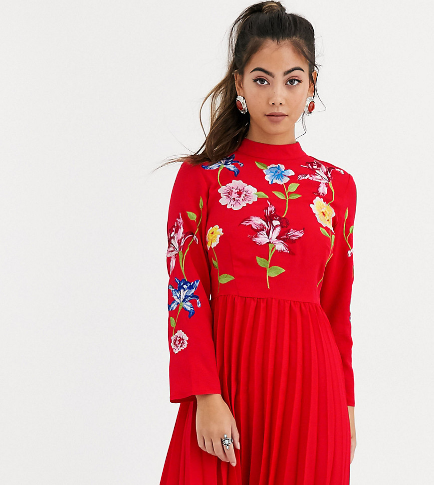 ASOS DESIGN Petite pleated embroidered mini dress in red