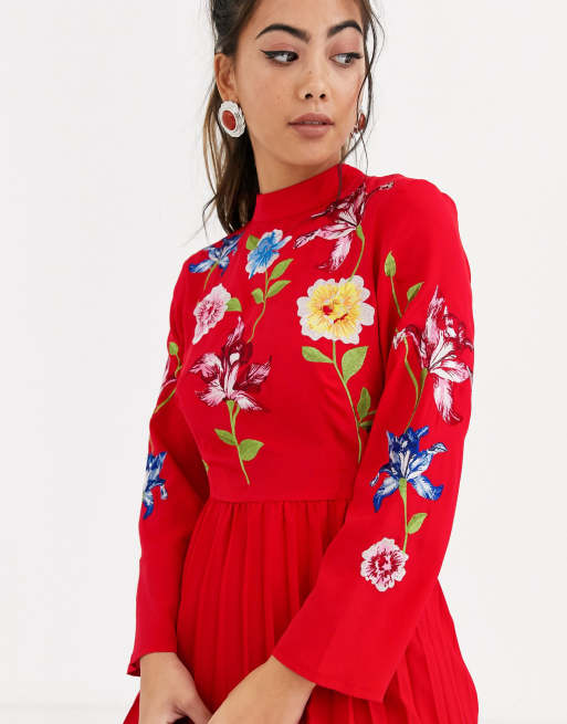 Asos design petite hotsell pleated embroidered mini dress