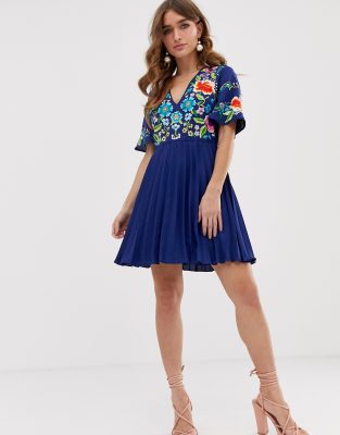 asos design petite pleated embroidered mini dress