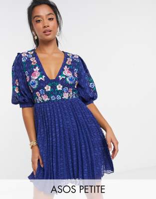 asos design petite pleated embroidered mini dress