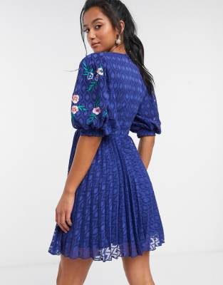 asos design petite pleated embroidered mini dress