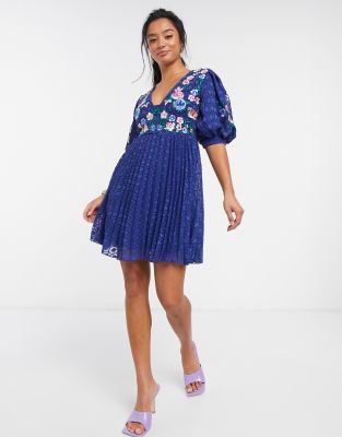 asos design petite pleated embroidered mini dress