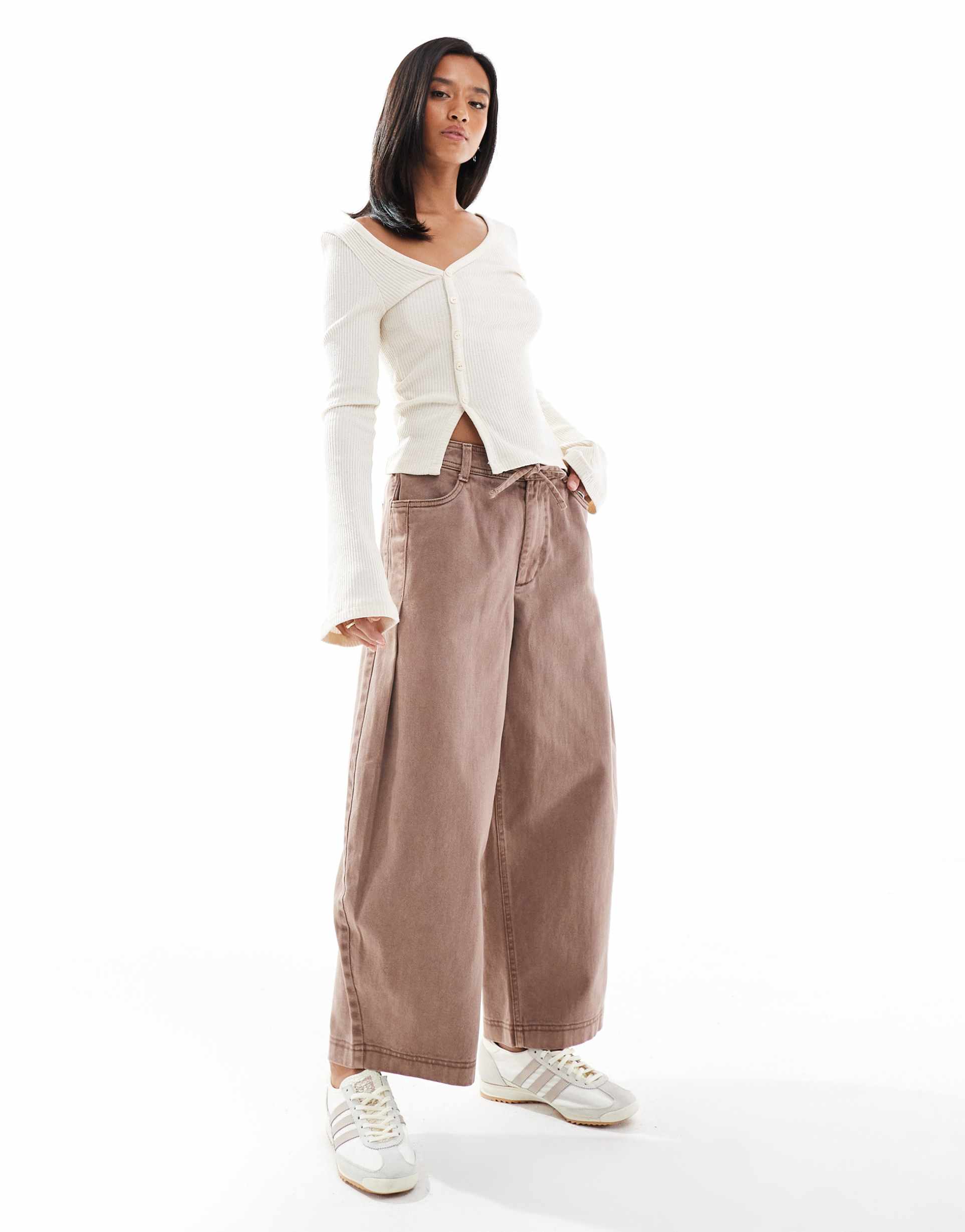 asos design petite pleated front barrel leg pull on pants in washed mink