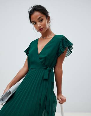 asos design pleated maxi dress with flutter sleeve