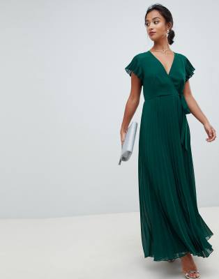 asos design pleated maxi dress with flutter sleeve