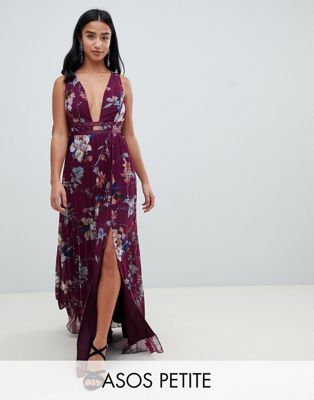 ASOS DESIGN Petite pleated maxi dress with tape detail in winter floral print-Multi