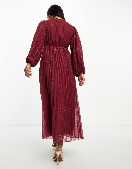 ASOS DESIGN Petite pleated metallic dobby chiffon wrap button detail maxi  dress in burgundy