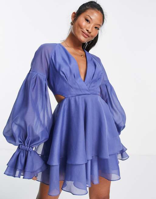 ASOS DESIGN Petite pleated mini dress with blouson sleeve and cuff