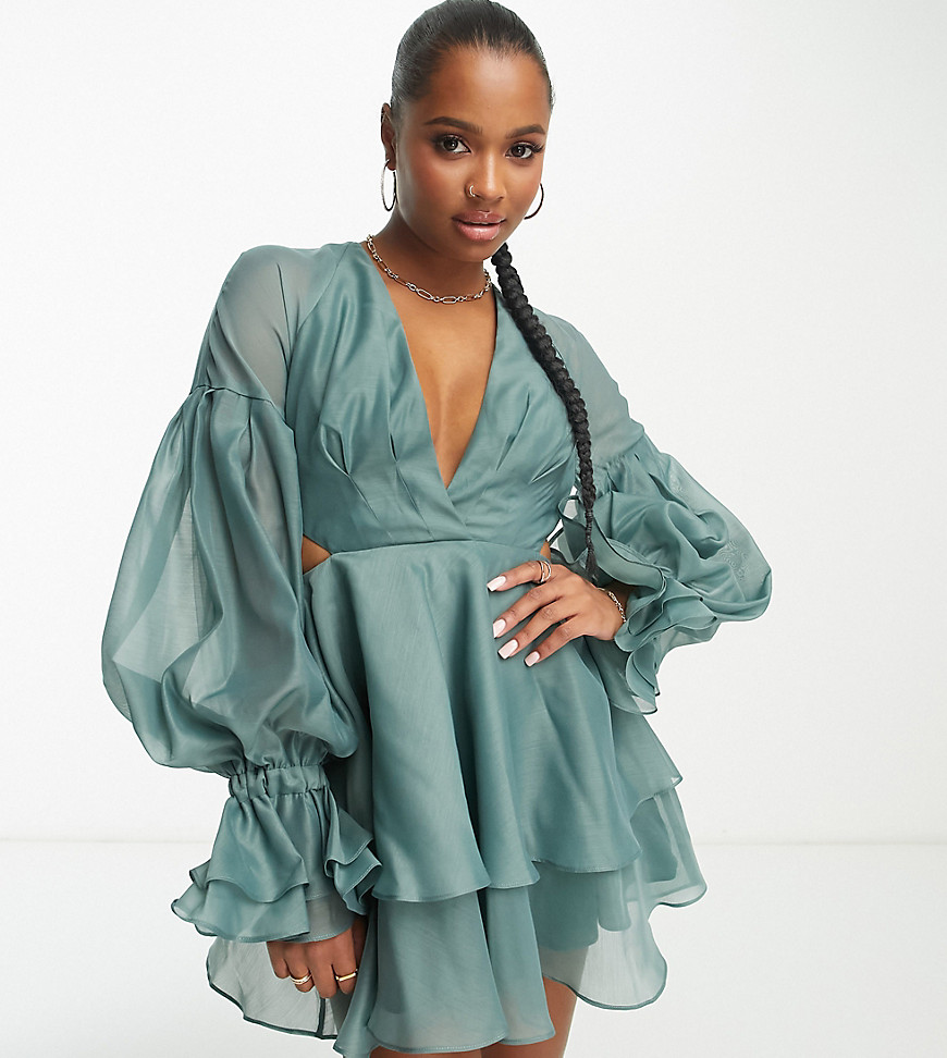 ASOS DESIGN Petite pleated mini dress with blouson sleeve and cuff detail in green