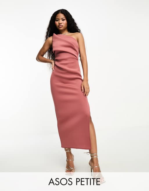 ASOS DESIGN Petite pleated one shoulder midi dress in rose | ASOS