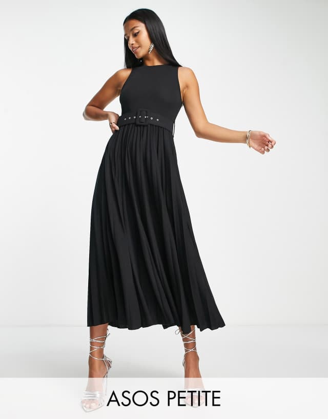 ASOS DESIGN Petite pleated sleeveless midi dress with belt in black