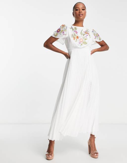 ASOS DESIGN Petite pleated textured cowl front embroidered midi dress with belt in white