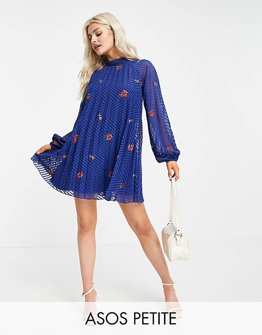 ASOS DESIGN Petite pleated trapeze mini dress with all over embroidery in navy