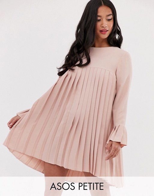 ASOS DESIGN Petite pleated trapeze mini dress with long sleeves