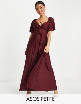 asos design pleated twist back cap sleeve maxi dress ASOS DESIGN Petite pleated twist back cap sleeve maxi dress in dark red