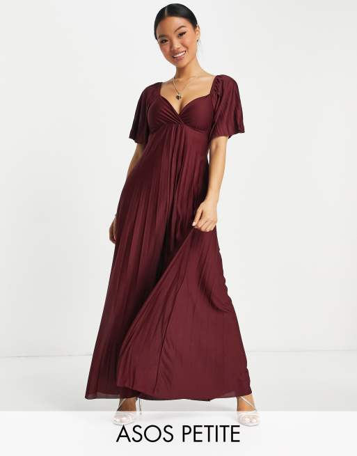 ASOS DESIGN Petite pleated twist back cap sleeve maxi dress in dark red ...