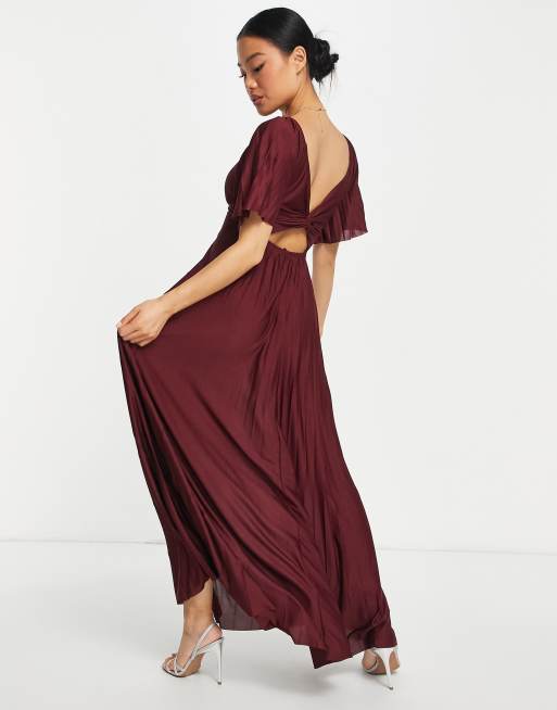 ASOS DESIGN Petite pleated twist back cap sleeve maxi dress in dark red |  ASOS