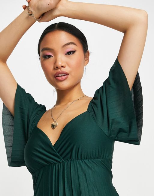 ASOS DESIGN pleated twist back cap sleeve maxi dress in forest green