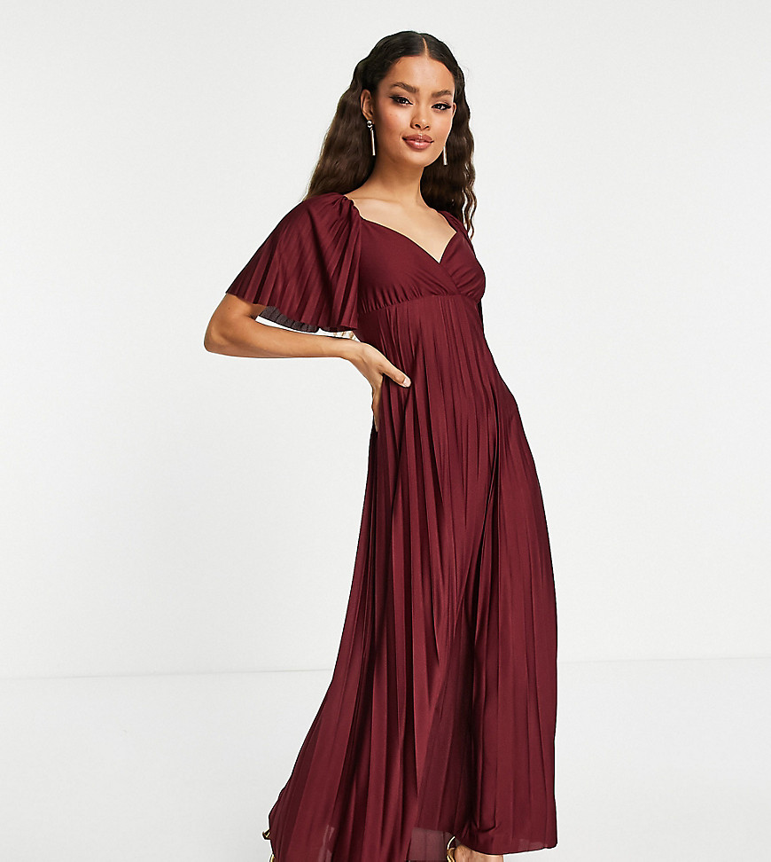 ASOS DESIGN Petite pleated twist back cap sleeve maxi dress in oxblood-Red
