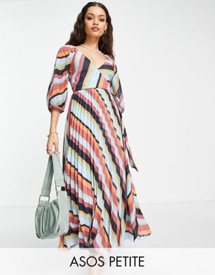 ASOS DESIGN Petite pleated wrap maxi dress in multi stripe  - ASOS Price Checker