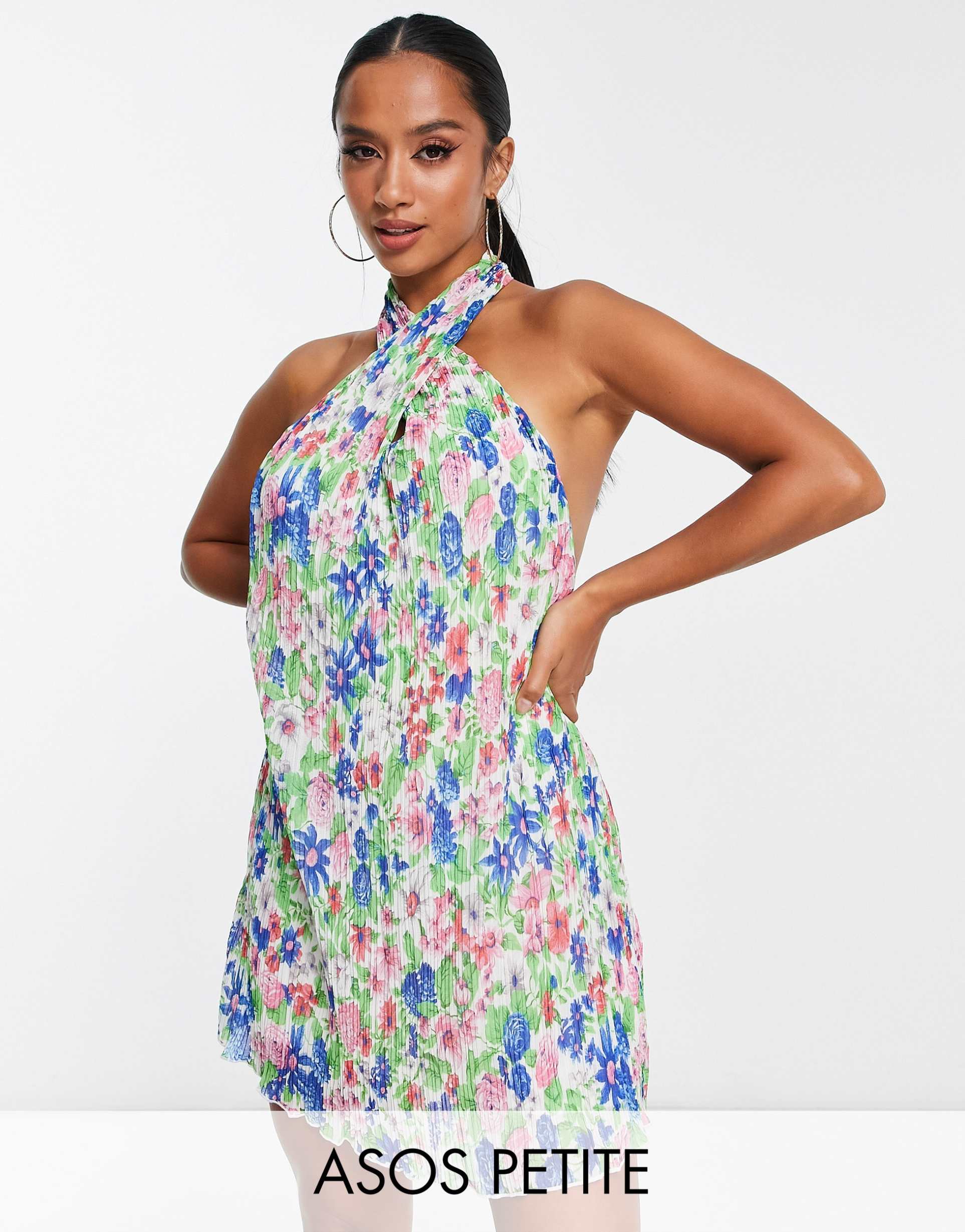 asos design petite plisse halter mini dress in bright floral print